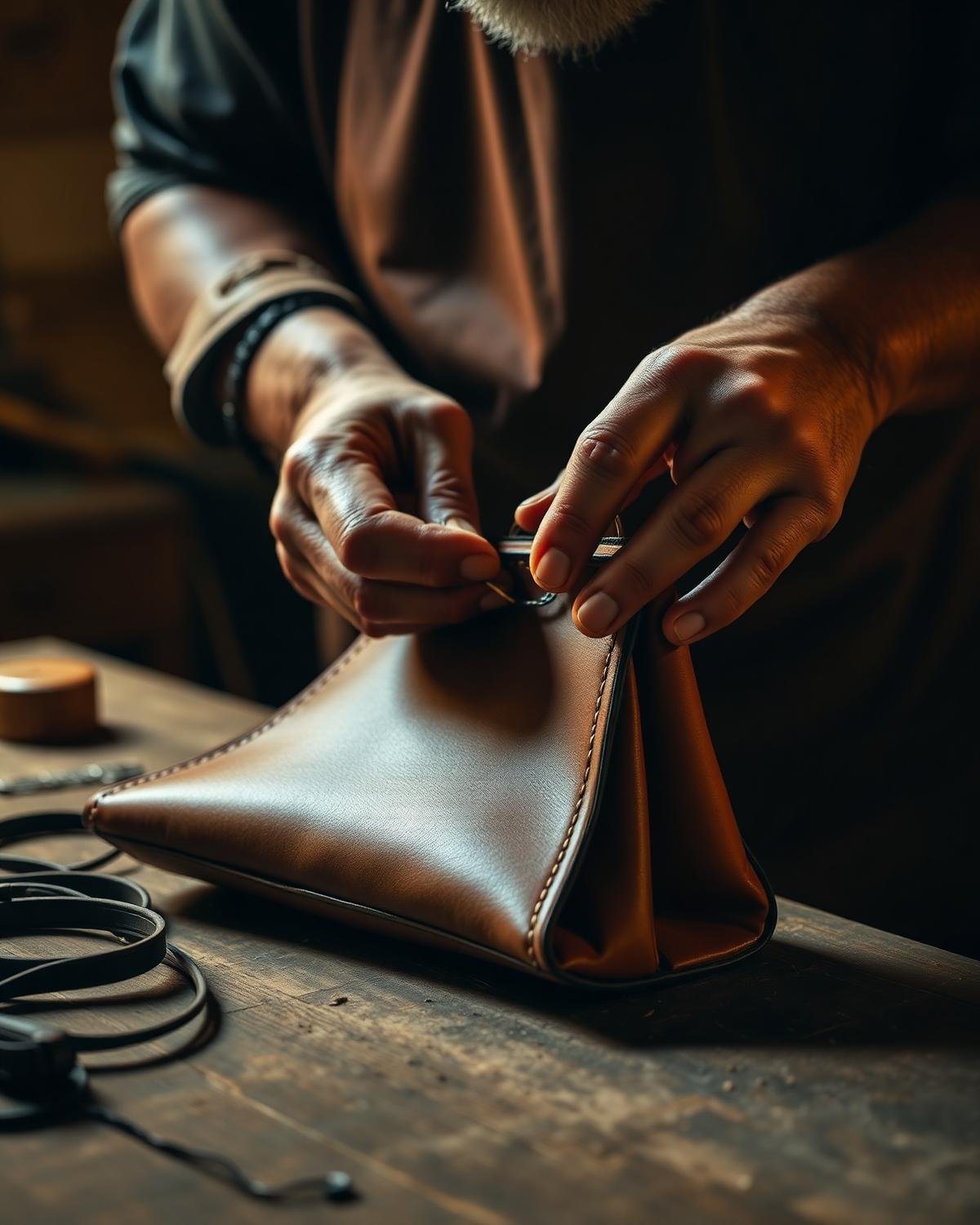 Master craftsman saddle-stitching a leather bag by hand