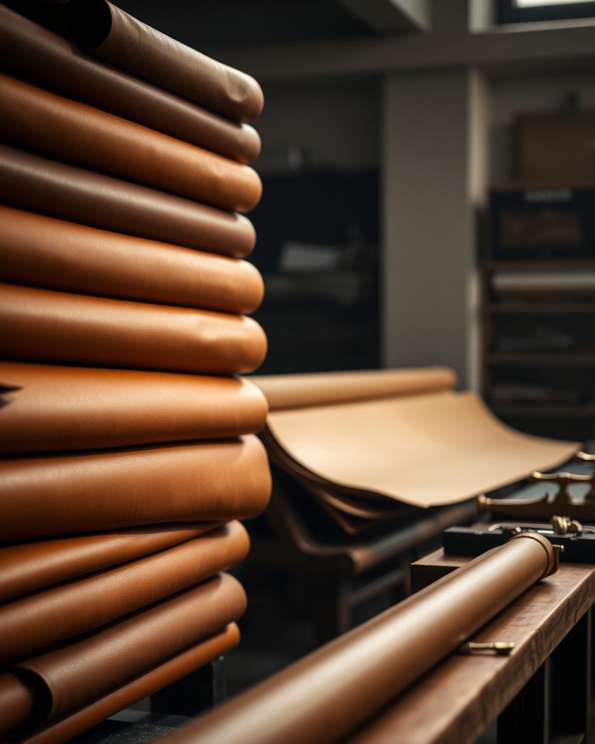 Stacked premium tanned cowhides in the atelier