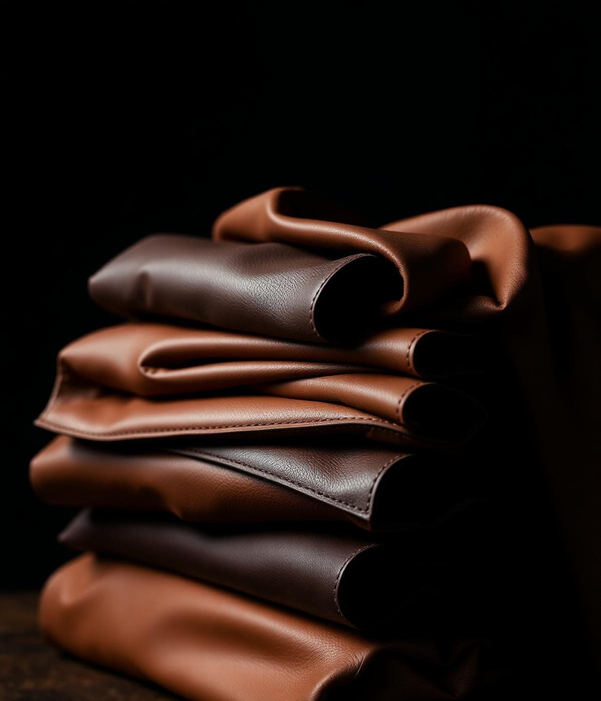 Full-grain vegetable-tanned leather hides in cognac and chocolate tones