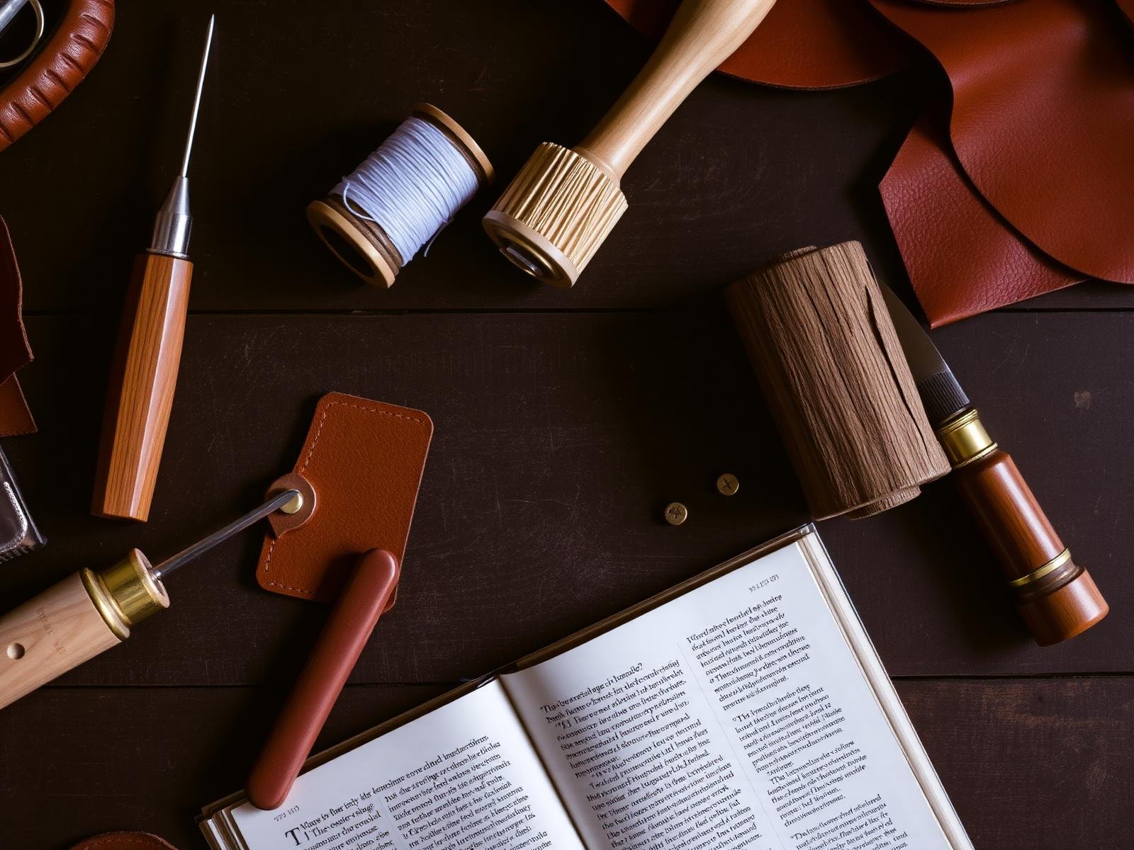 Leather craftsman's workbench — awl, waxed thread, edge beveler and cognac leather